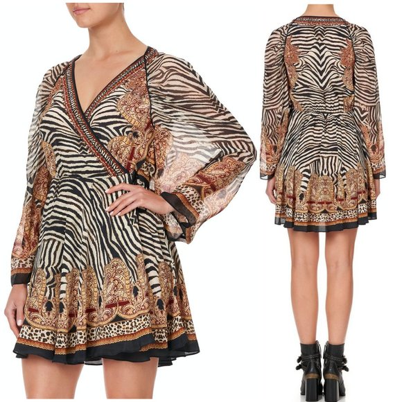 CAMILLA Short Dress w Draped Sleeve wild fire print silk NWT - Picture 1 of 8